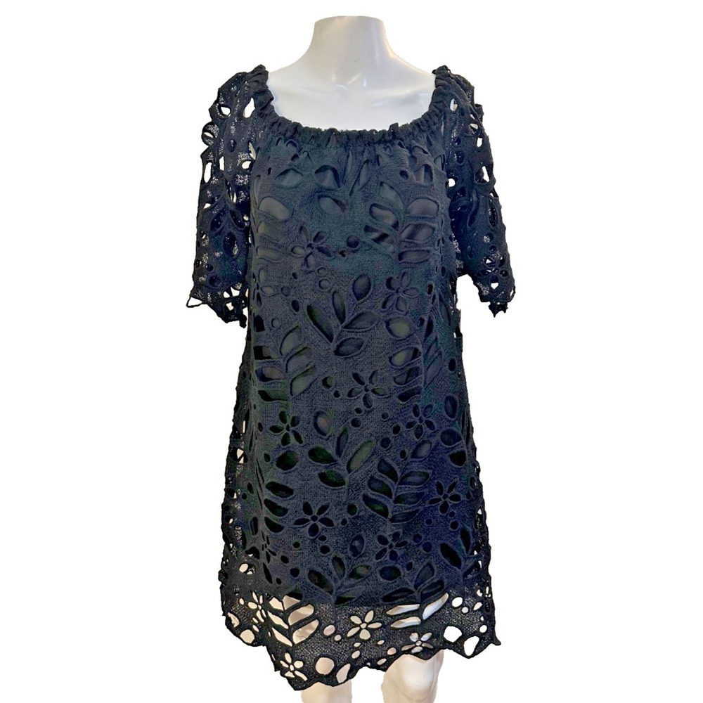 Womans Black‎ Eyelet Lace Overlay Mini Dress M Fairy Grunge Whimsigoth Witchy